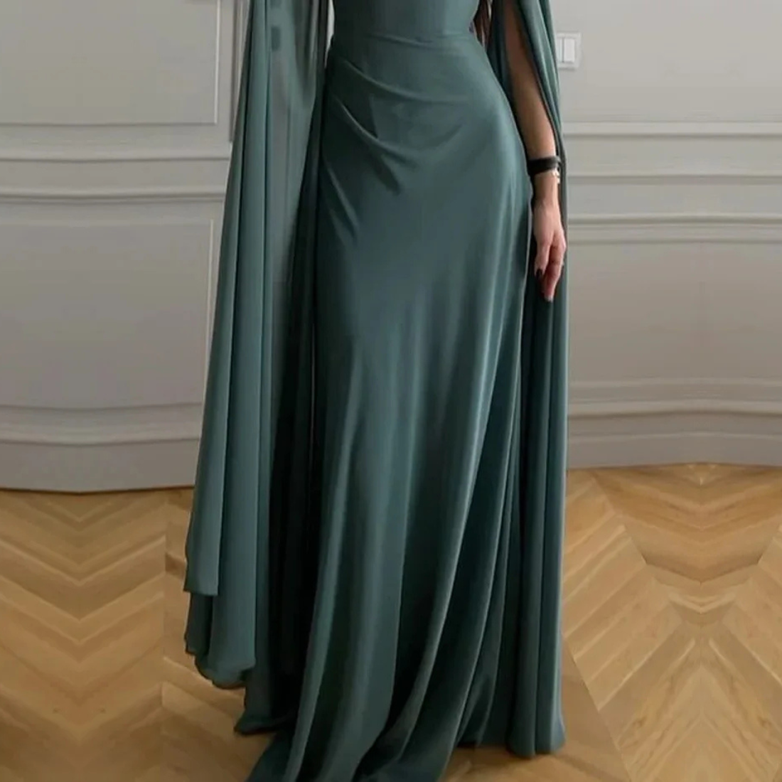 Forest Green Modest Pleated Drape Chiffon Long Dress, Close Up Skirt