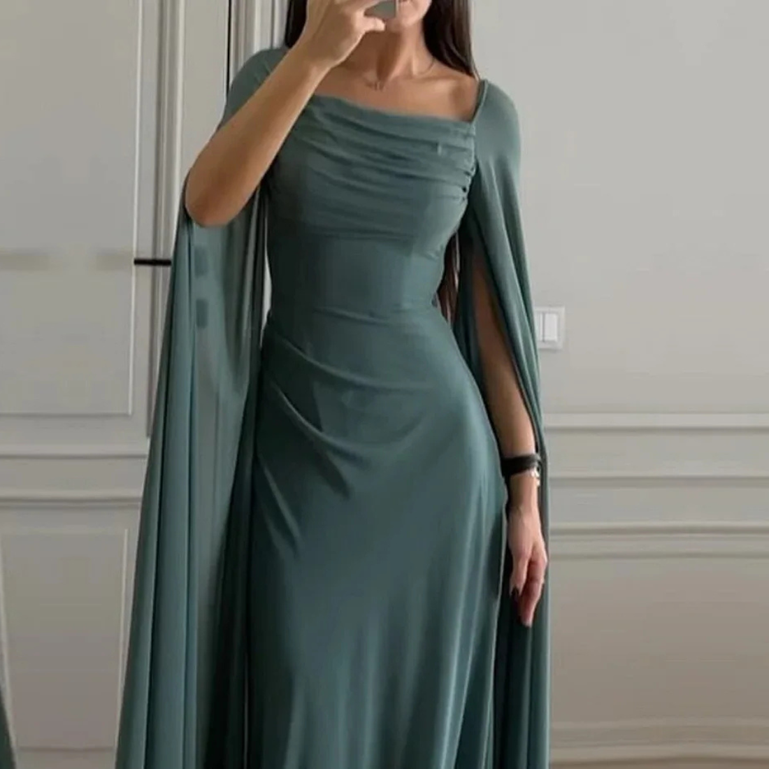 Forest Green Modest Pleated Drape Chiffon Long Dress, Close Up