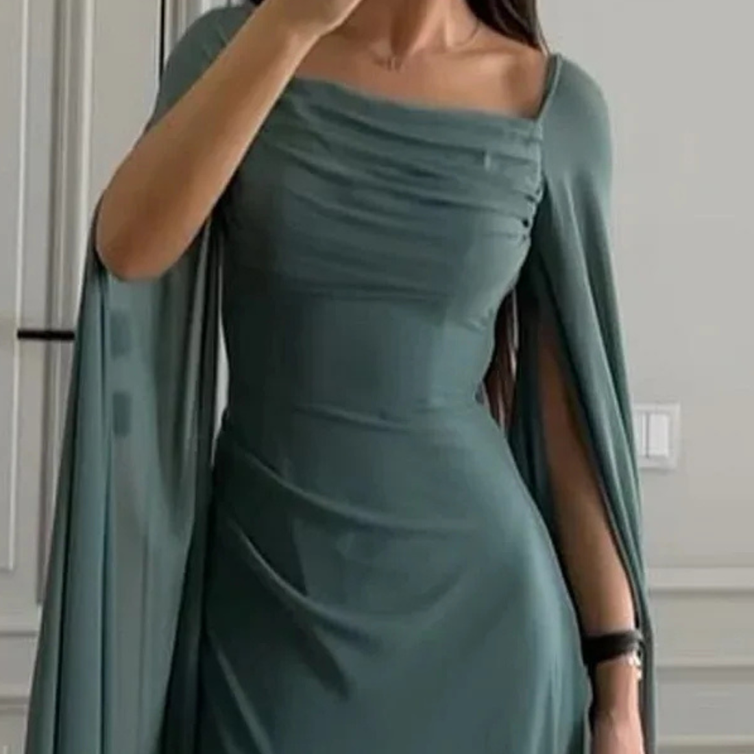 Forest Green Modest Pleated Drape Chiffon Long Dress, Close Up 2