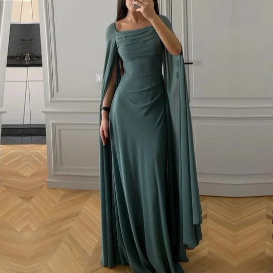 Forest Green Modest Pleated Drape Square Neck Long Dress