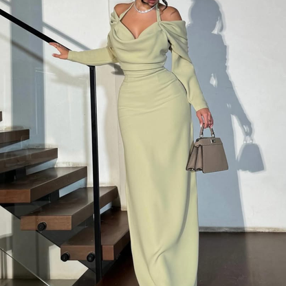 Green Halter String Off Shoulder Long Sleeves Slim Evening Dress, Front