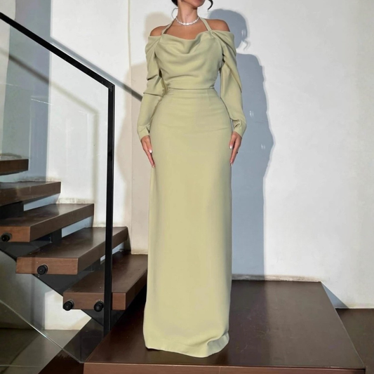 Green Halter String Off Shoulder Long Sleeves Slim Evening Dress