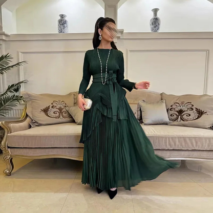 Green Modest Bow Belt Multilayered Pleated Long Dress