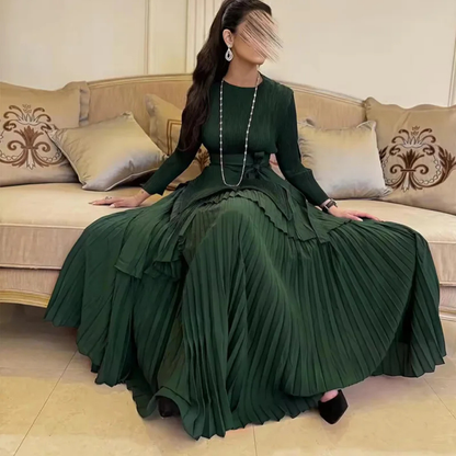 Black Modest Bow Belt Multilayered Pleated Long Dress, Left