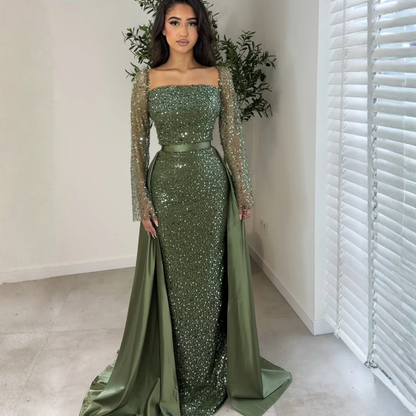 Green Sparkly Glitter Long Sleeves Satin Train Evening Gown, Front