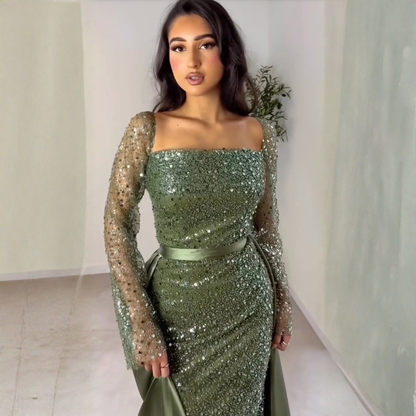 Green Sparkly Glitter Long Sleeves Satin Train Evening Gown, Close Up