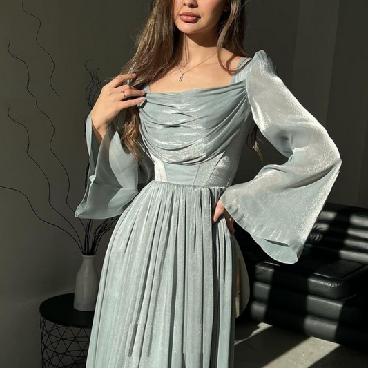 Green Chiffon Pleated Flare Sleeves Evening Dress, Close Up