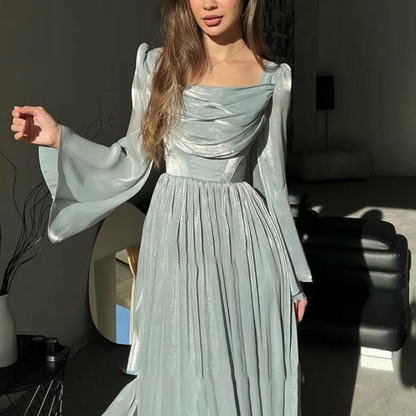 Green Chiffon Pleated Flare Sleeves Evening Dress, Front