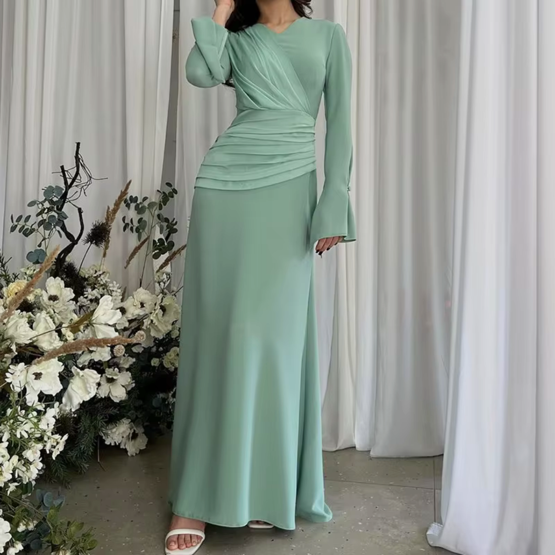 Green Modest Flare Sleeves Pleated Slim Maxi Dress M