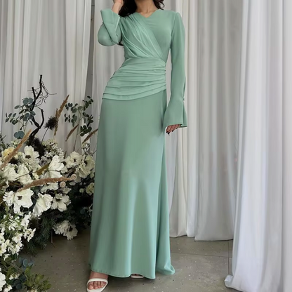 Green Modest Flare Sleeves Pleated Slim Long Dress