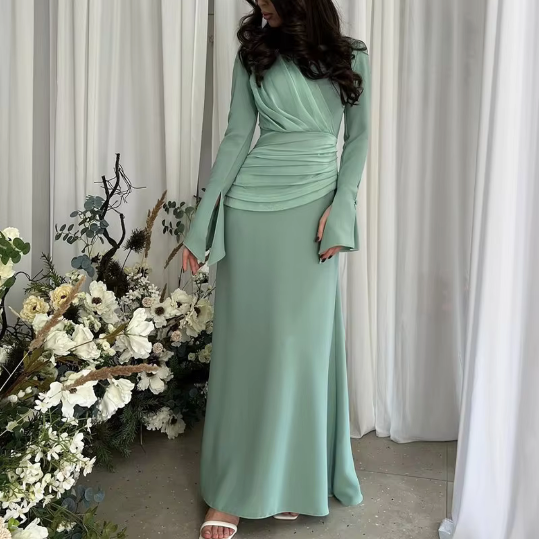 Green Modest Flare Sleeves Pleated Slim Long Dress, Left