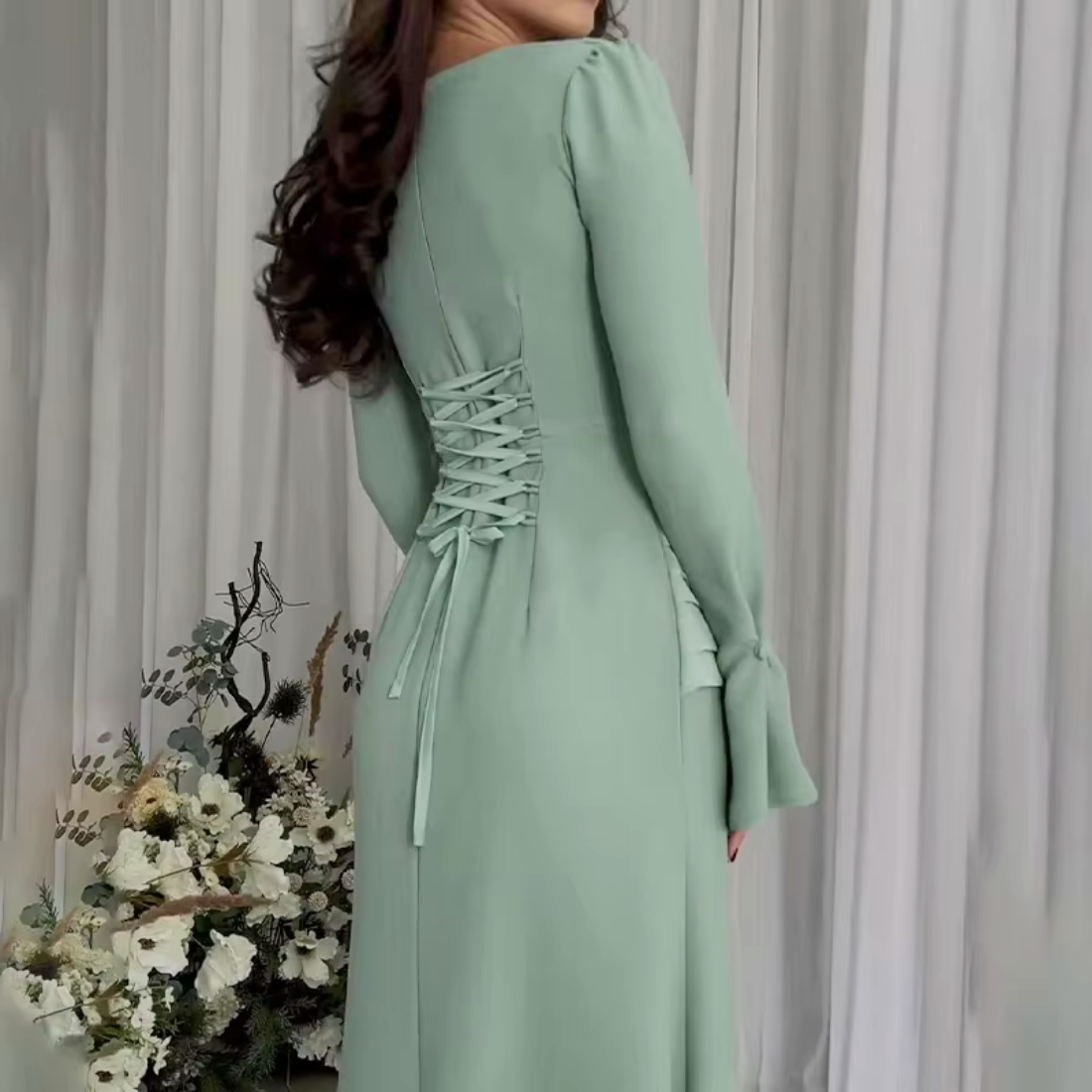 Green Modest Flare Sleeves Pleated Slim Long Dress, Back