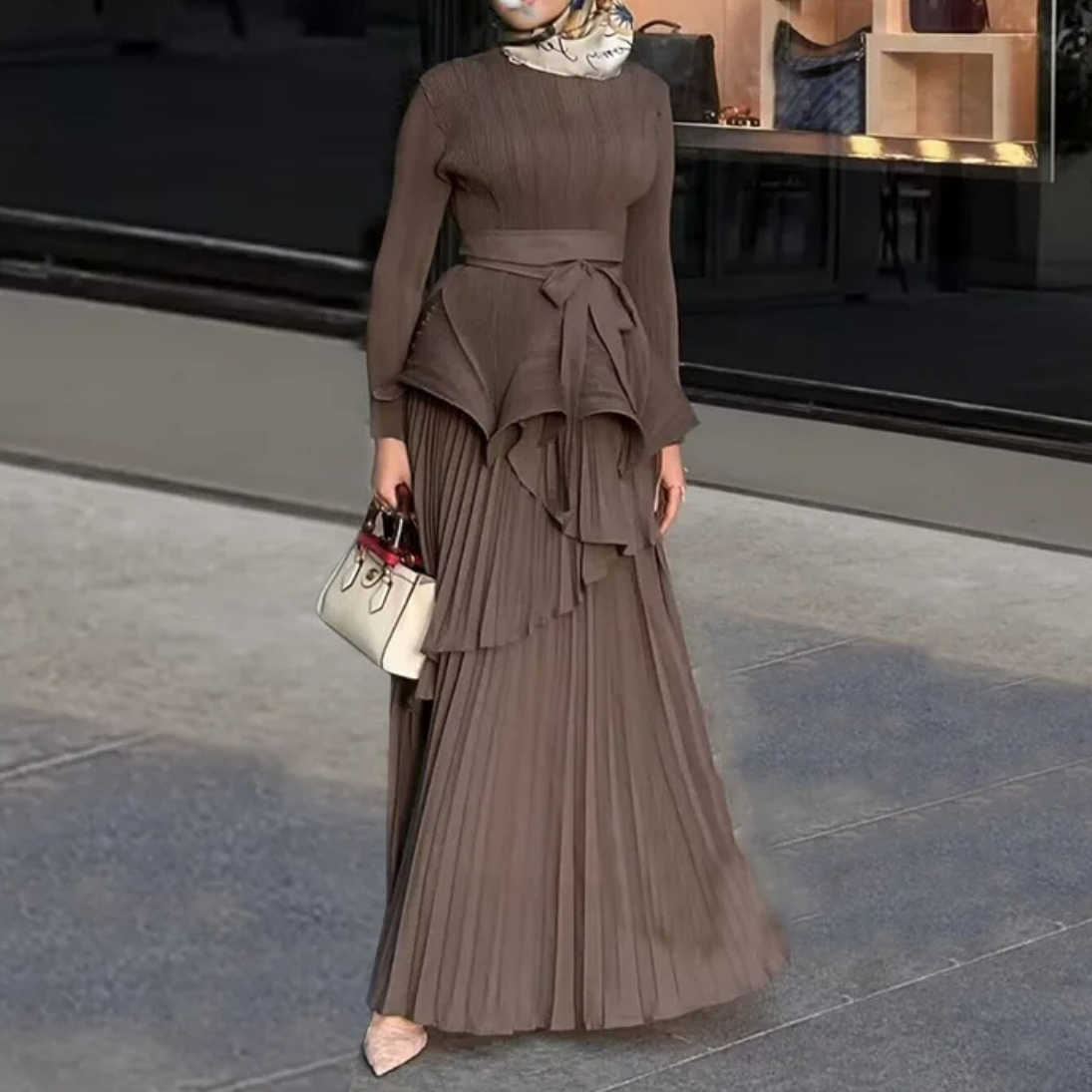Brown Modest Bow Belt Multilayered Pleated Long Dress