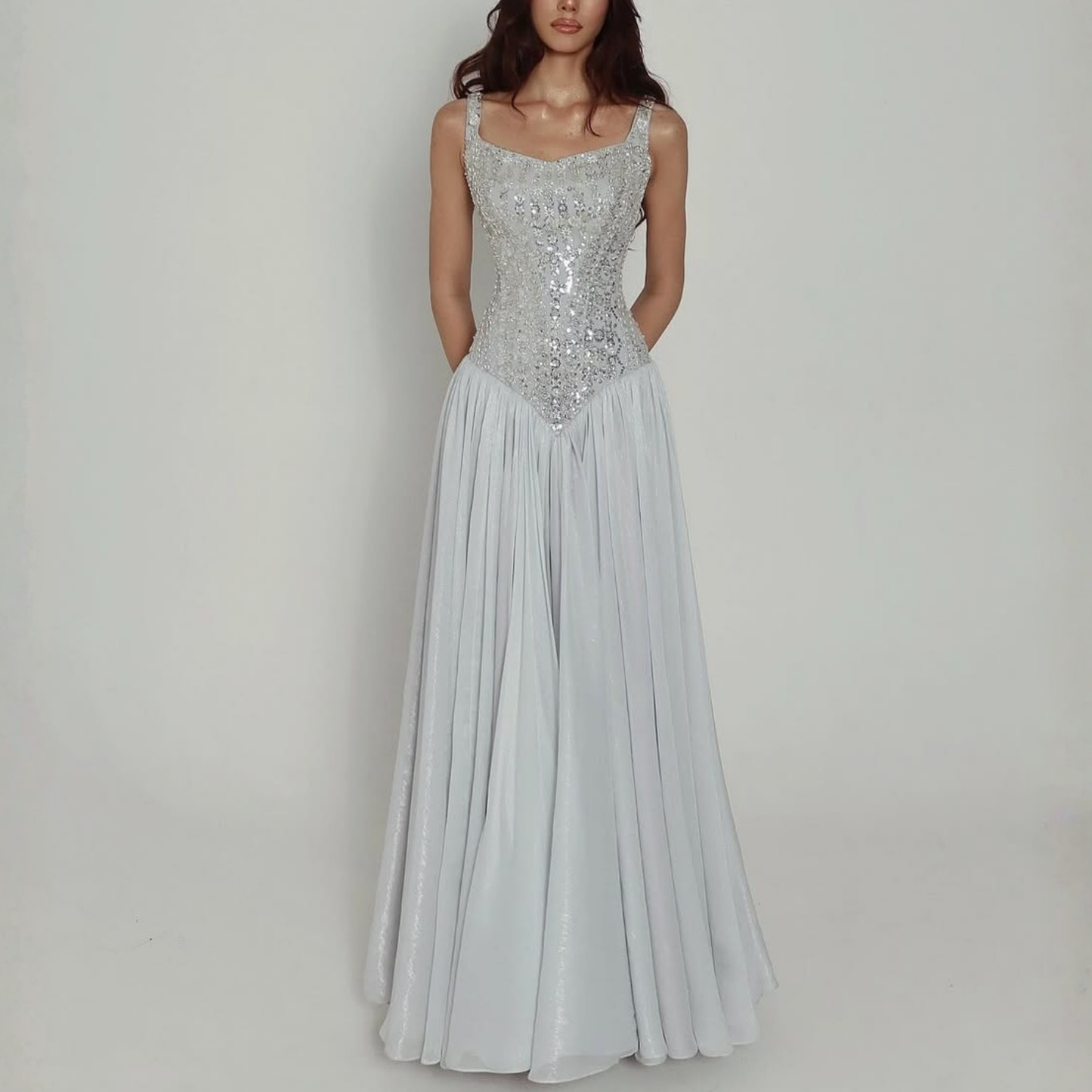 Grey Sparkly Sequin Chiffon Basque Waist Corset Evening Gown, No Shoulder Piece