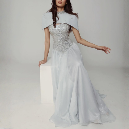 Grey Sparkly Sequin Chiffon Basque Waist Corset Evening Gown, Left