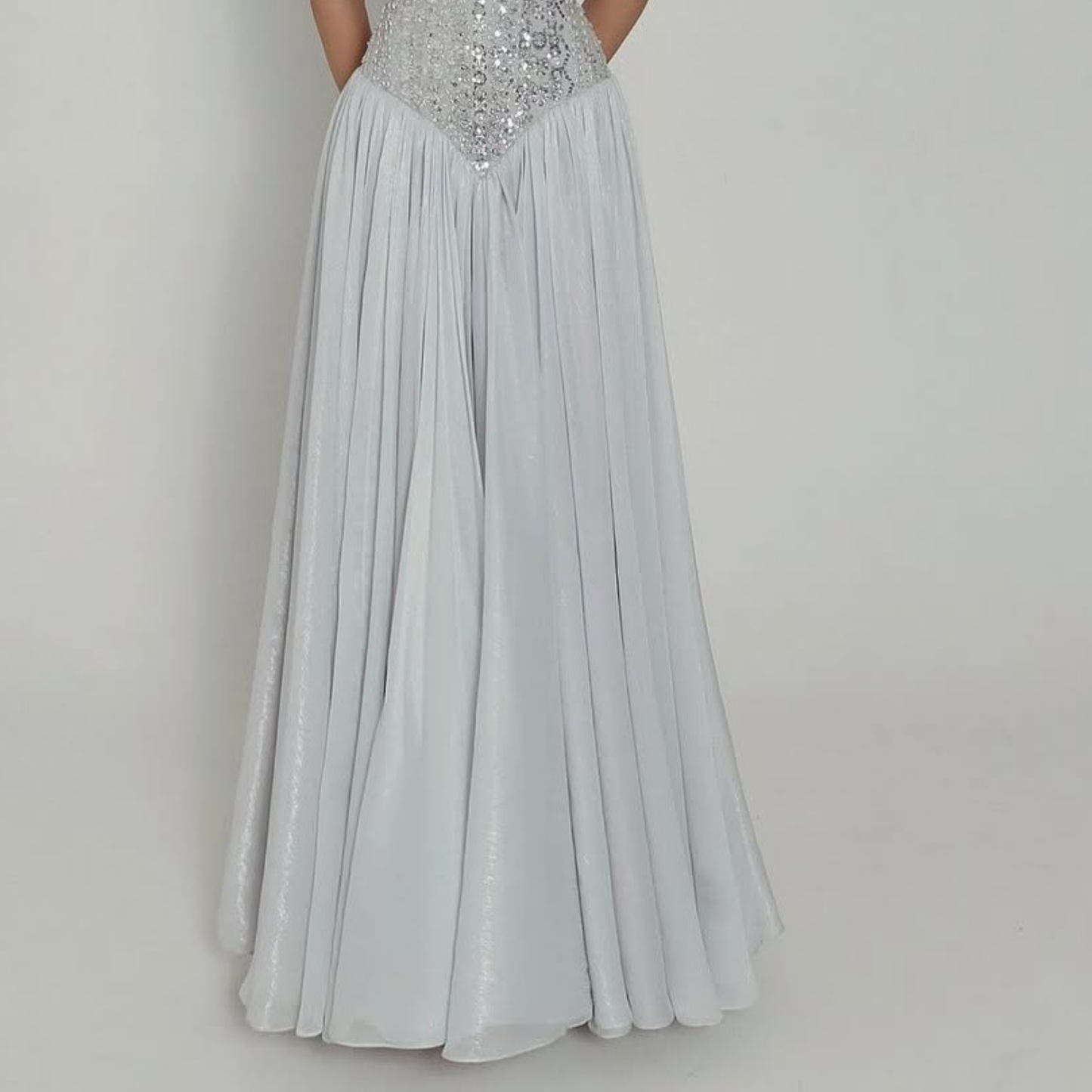 Grey Sparkly Sequin Chiffon Basque Waist Corset Evening Gown, Skirt