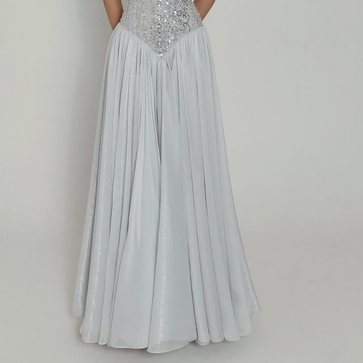 Grey Sparkly Sequin Chiffon Basque Waist Corset Evening Gown, Skirt