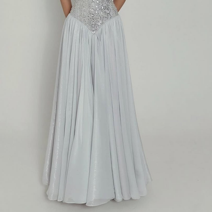 Grey Sparkly Sequin Chiffon Basque Waist Corset Evening Gown, Skirt