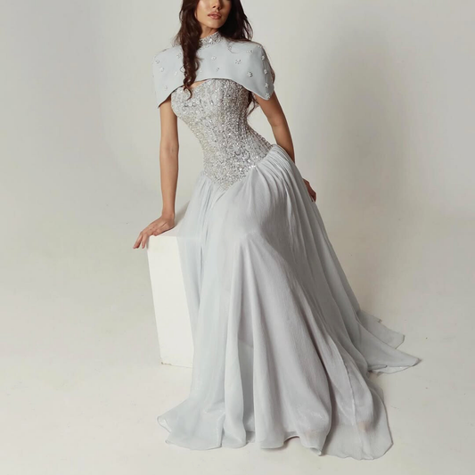 Grey Sparkly Sequin Chiffon Basque Waist Corset Evening Gown, Sitting