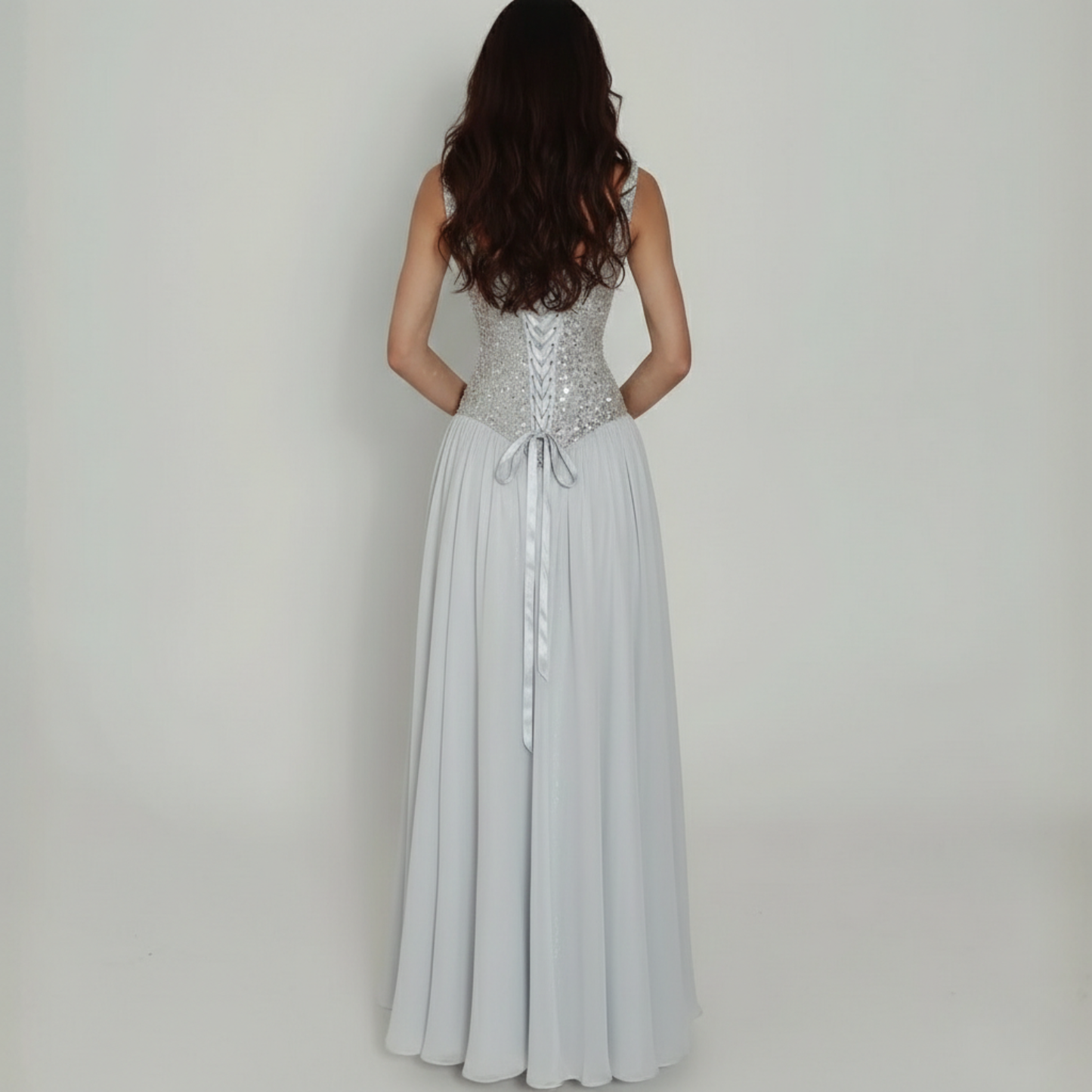 Grey Sparkly Sequin Chiffon Basque Waist Corset Evening Gown, Back