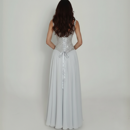 Grey Sparkly Sequin Chiffon Basque Waist Corset Evening Gown, Back