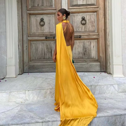 Halter Neck One Shoulder Drape Sleeve Mermaid Gown, Yellow, Back 2
