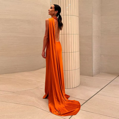 Halter Neck One Shoulder Drape Sleeve Mermaid Gown, Orange, back