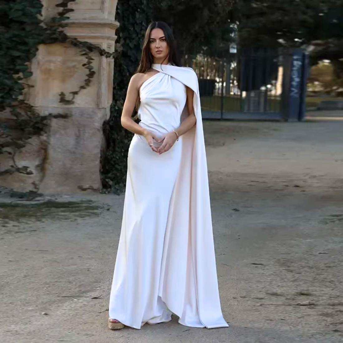 Halter Neck One Shoulder Drape Sleeve Mermaid Gown, White