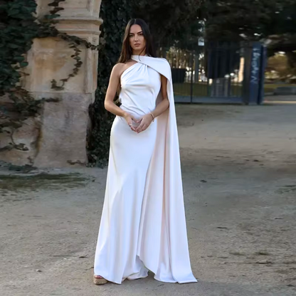 Halter Neck One Shoulder Drape Sleeve Mermaid Gown, White