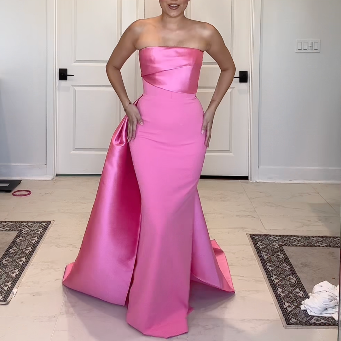 Hot Pink Satin Sleeveless Bow Train Mermaid Gown, Front 2