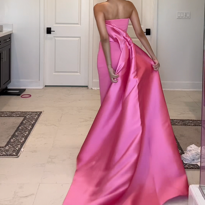 Hot Pink Satin Sleeveless Bow Train Mermaid Gown, Back
