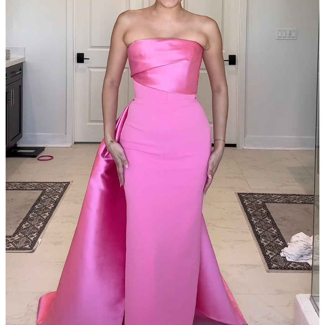 Hot Pink Satin Sleeveless Bow Train Mermaid Gown, Close Up