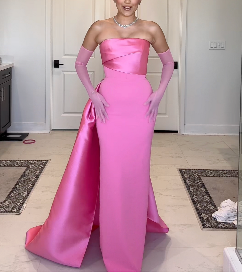 Hot Pink Satin Sleeveless Bow Train Mermaid Gown, Front