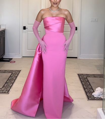 Hot Pink Satin Sleeveless Bow Train Mermaid Gown, Front