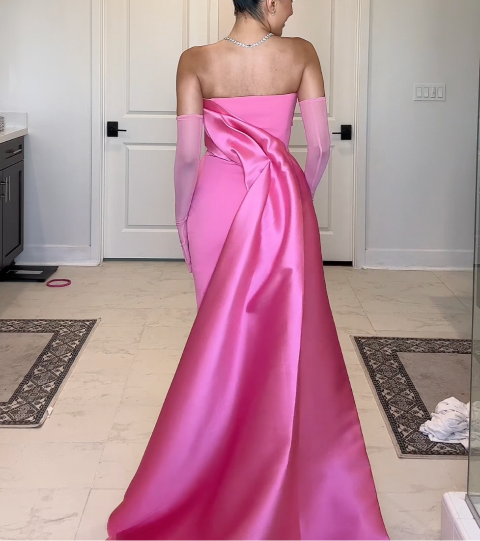 Hot Pink Satin Sleeveless Bow Train Mermaid Gown, Back Close Up