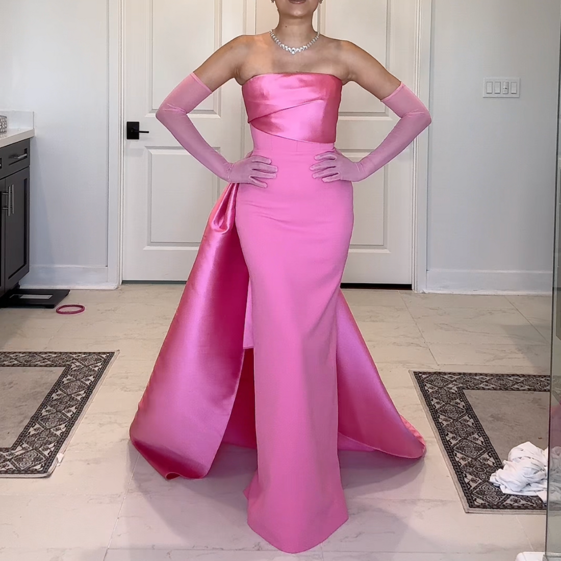 Hot Pink Satin Sleeveless Bow Train Mermaid Gown, Front 3