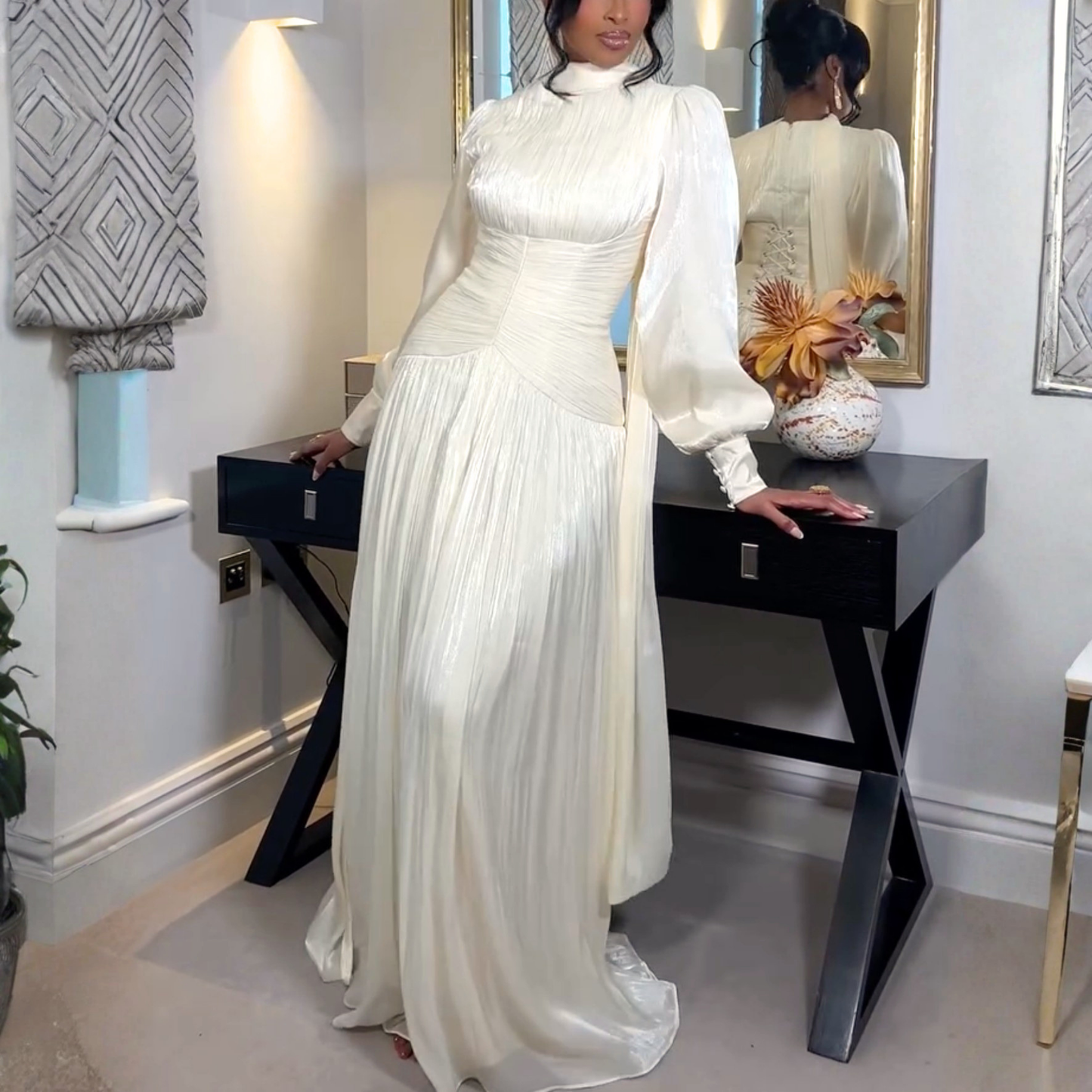 Ivory White Organza Pleated Waist O-Neck Floor-Length Dress
