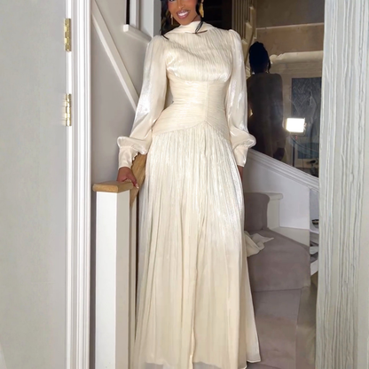 Ivory White Organza Pleated Waist O-Neck Floor-Length Dress