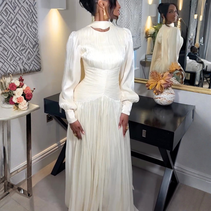 Ivory White Organza Pleated Waist O-Neck Floor-Length Dress