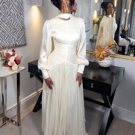 Ivory White Organza Pleated Waist O-Neck Floor-Length Dress, Side