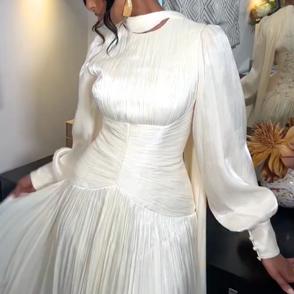 Ivory White Organza Pleated Waist O-Neck Floor-Length Dress