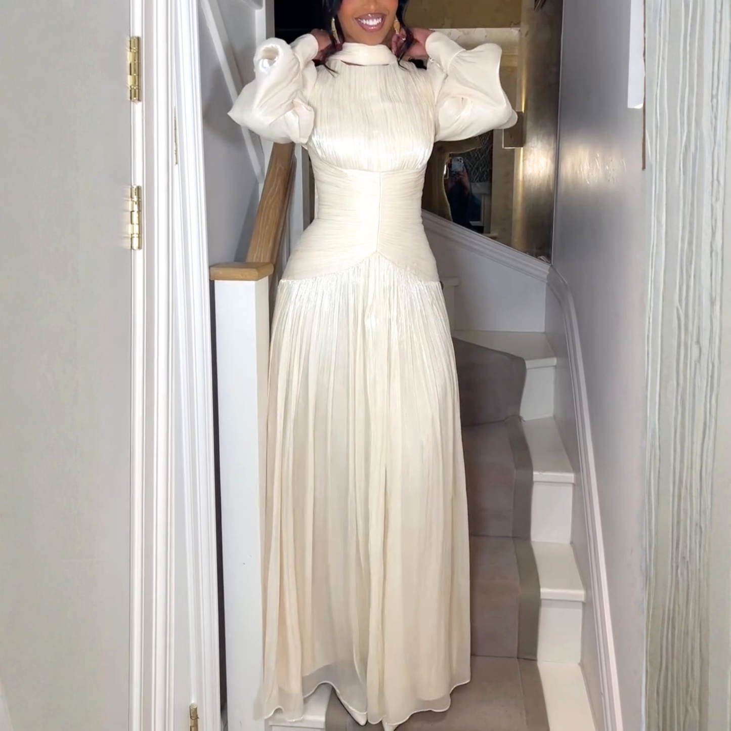 Ivory White Organza Pleated Waist O-Neck Floor-Length Dress