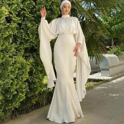 Ivory Modest Satin Mermaid Evening Dress, Front