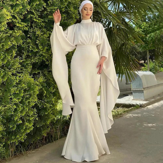 Ivory Modest Satin Mermaid Evening Dress, Front