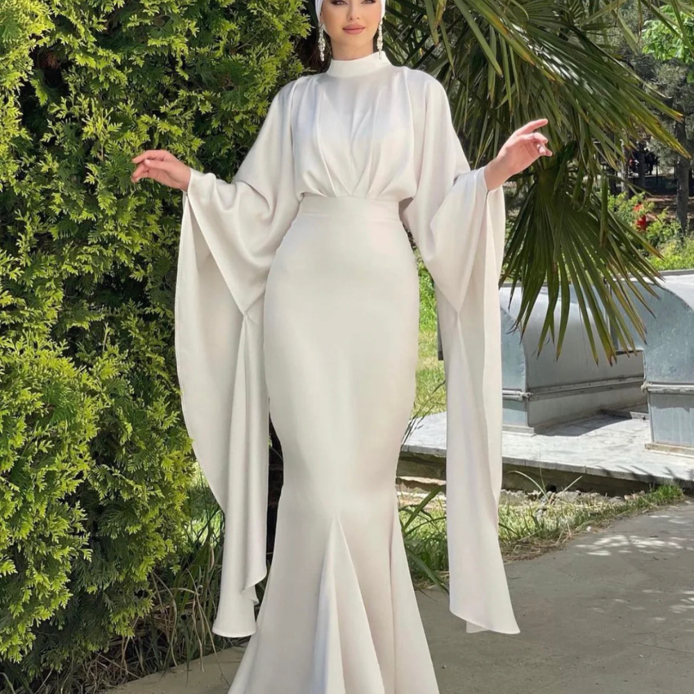 Ivory Modest Satin Mermaid Evening Dress, Left