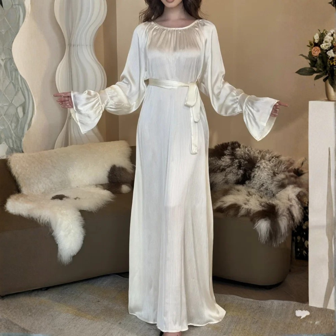 Ivory White Satin Modest Waist Tie Puff Sleeves Long Gown