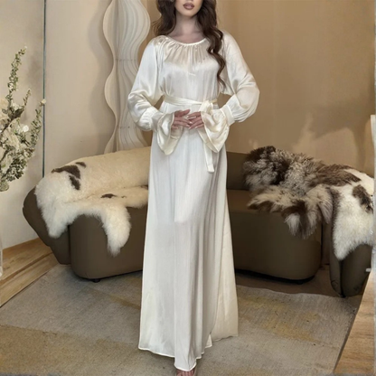 Ivory White Satin Modest Waist Tie Puff Sleeves Long Gown, Front