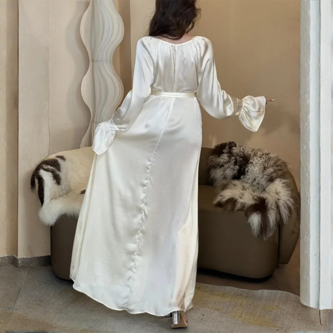 Ivory White Satin Modest Waist Tie Puff Sleeves Long Gown, Back