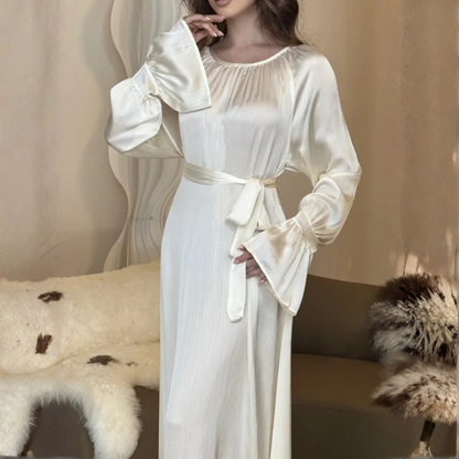 Ivory White Satin Modest Waist Tie Puff Sleeves Long Gown, Close Up