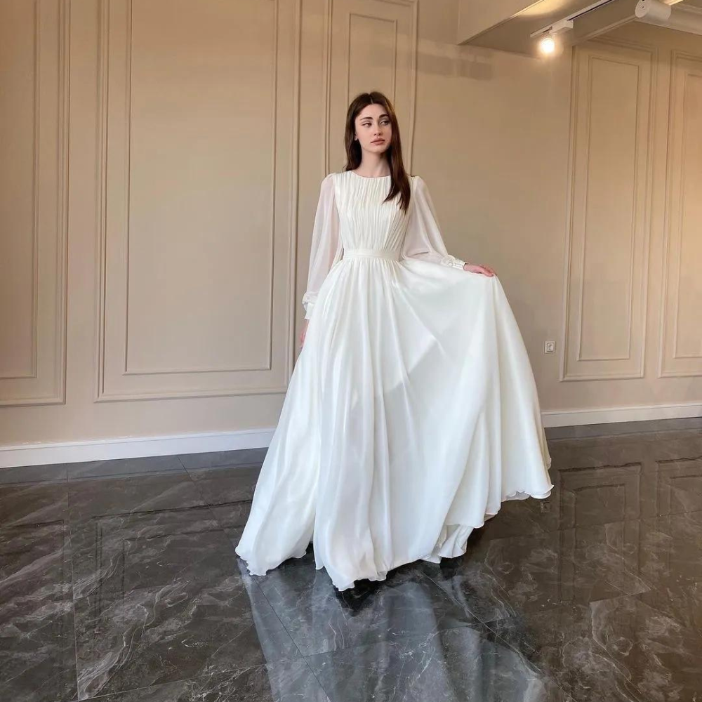 Elegant Gauze White Modest Long Bridal Dress 22W